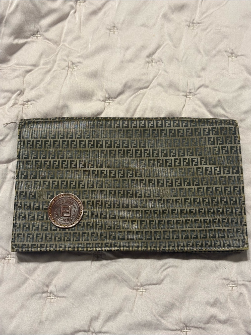 Vintage Fendi Brown and Yellow FF Logo Medallion Zip Clutch 80s